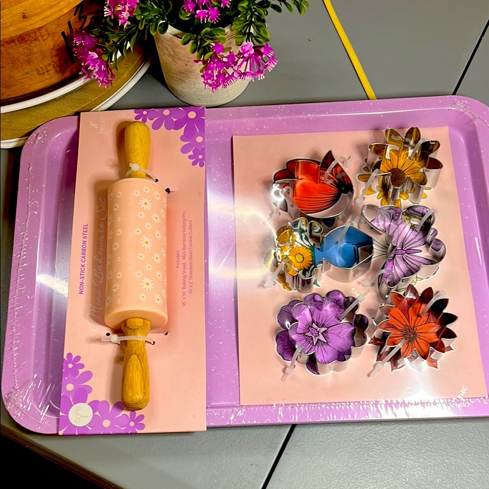 Cute Floral Rolling Pin and Cookie Cutter Set with tin cookie sheet
